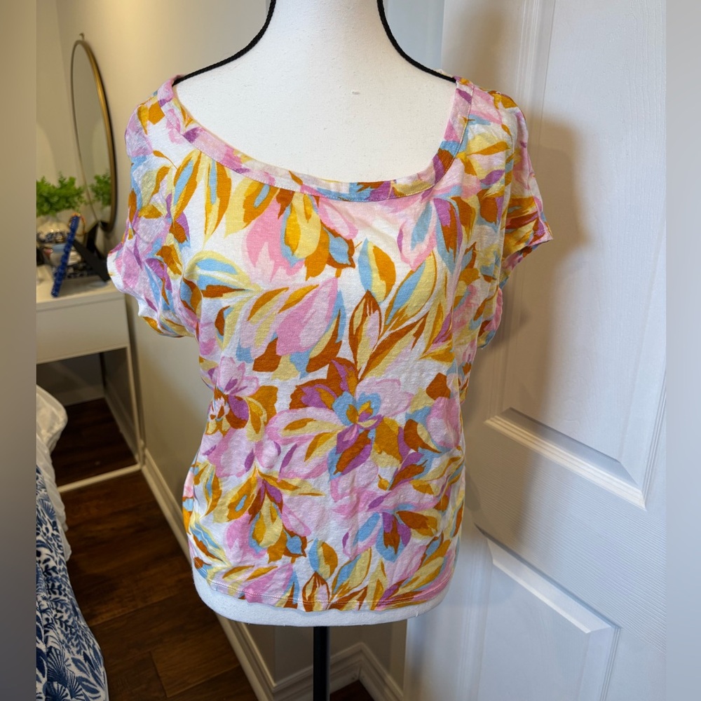 Joie 100% Linen Floral Top Size L Pink Orange Blue Boho Coastal